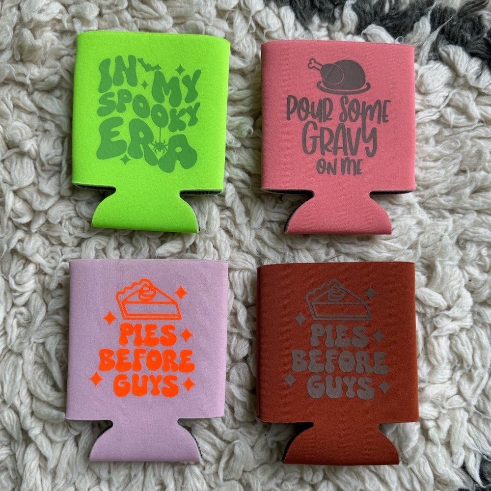 Lot of 4 Halloween & Thanksgiving Funny Cute Koozies Drink Huggers